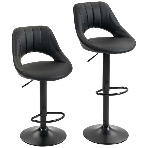 Set of two black faux leather bar stools, curved backs, round bases