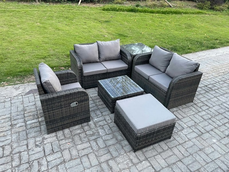 Fimous 6 Piece Garden Furniture Sets 6 Seater Outdoor Patio Furniture Set Weaving Wicker Rattan Sofa Chair and Table with Big Footstool Side Table