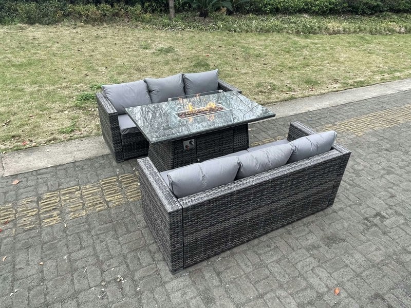 Fimous 6 Seater Outdoor PE Rattan Garden Furniture Gas Fire Pit Dining Table Set Lounge Sofa Three Seater Sofa Dark Grey Mixed Patio