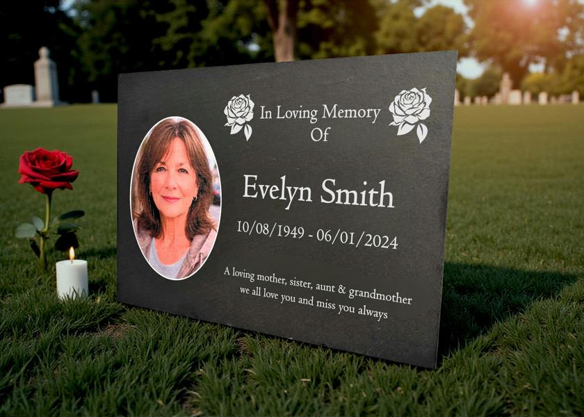Memorials Direct Photo Slate Memorial Plaque, Roses, Add a Portrait & Personalised Text | 35×25cm (14×10”)