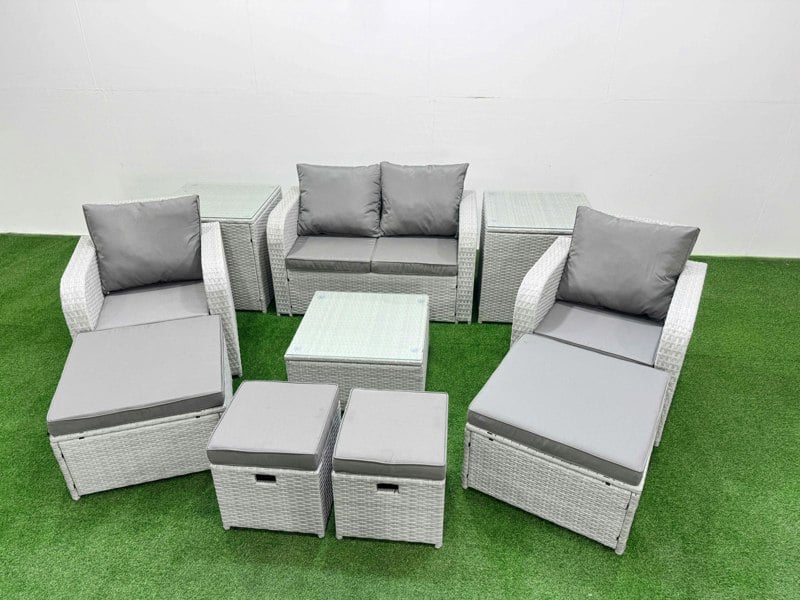 Fimous Outdoor Garden Furniture Set PE Rattan Love Sofa Reclining Chair Set with Coffee Table 4 Footstools 2 Side Tables Light Grey