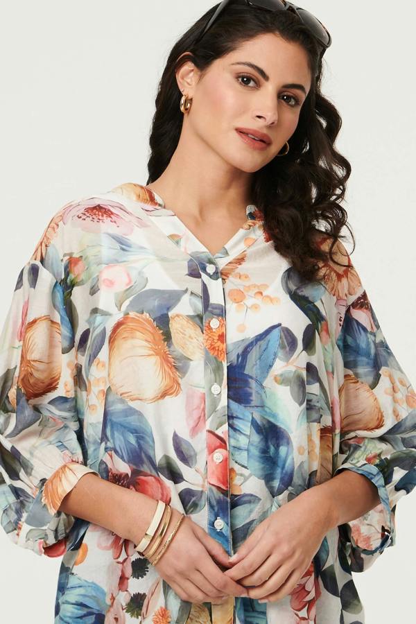Blue | Abstract Floral Curve Hem Blouse
