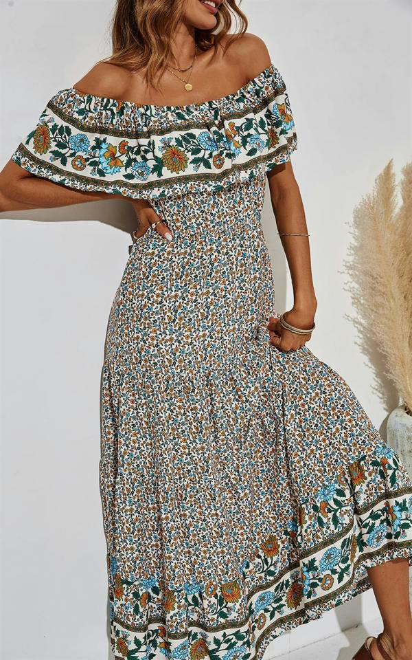 FS Collection Off Shoulder Hem Detail Floral Print Midi Dress In Beige