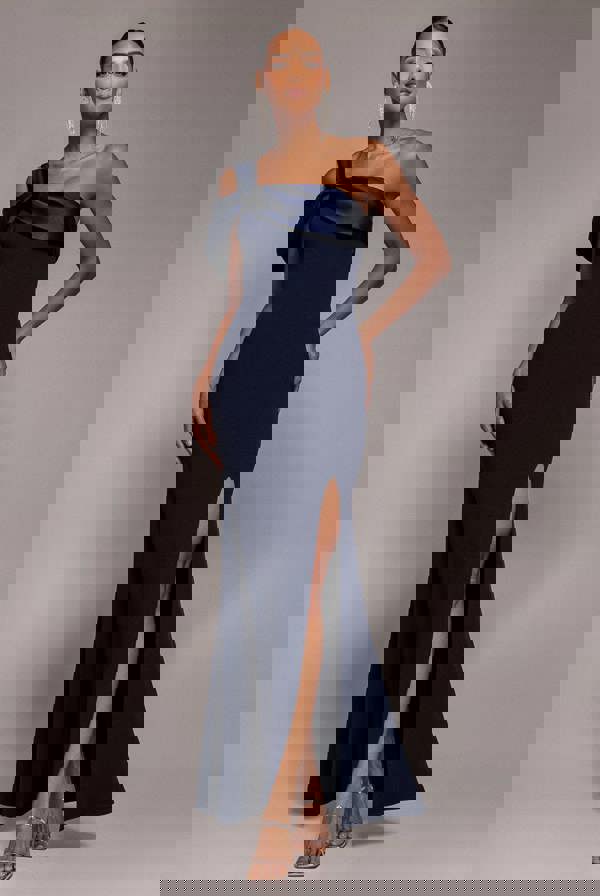 Satin Twist One Shoulder Maxi Dress - Navy Blue DR4576QZ