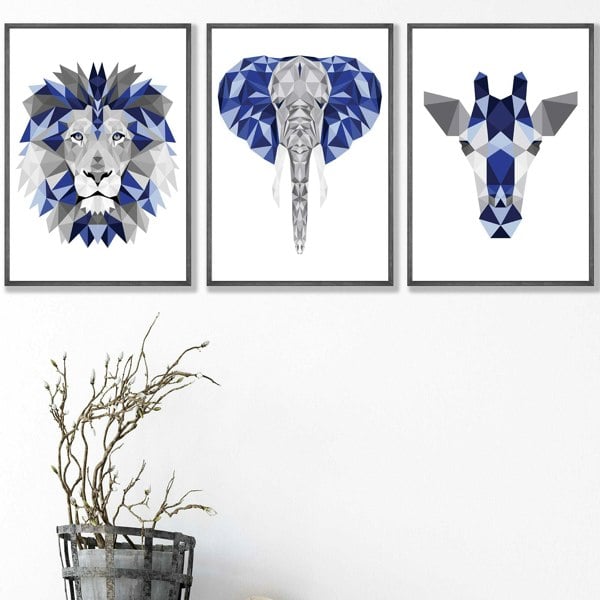 Artze Wall Art Set of 3 Blue & Grey Framed Art Prints Jungle Giraffe Lion Elephant