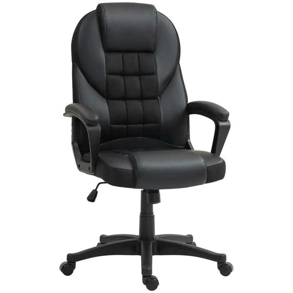 Black faux leather office chair with cushioned back, padded arms, swivel base and casters