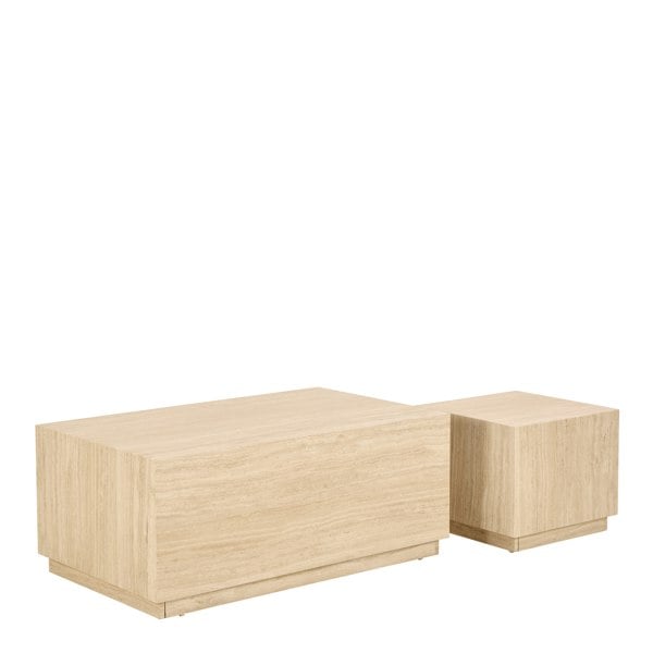 Furniture To Go Dice Square and Rectangular Coffee Table Set of 2 in Travertine Rough Paper Effect