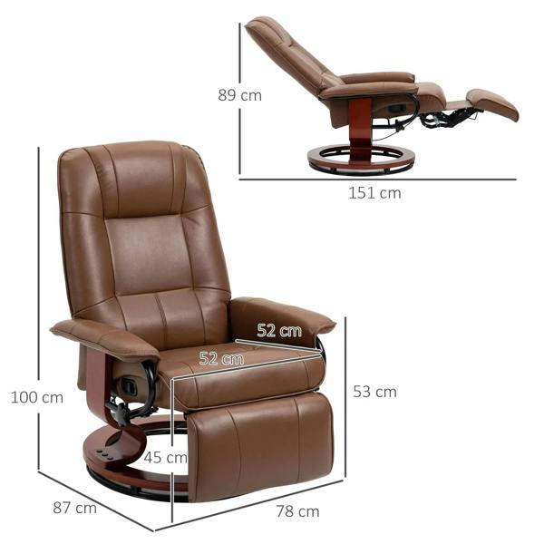 Brown faux leather recliner armchair with extending footrest and swivel base