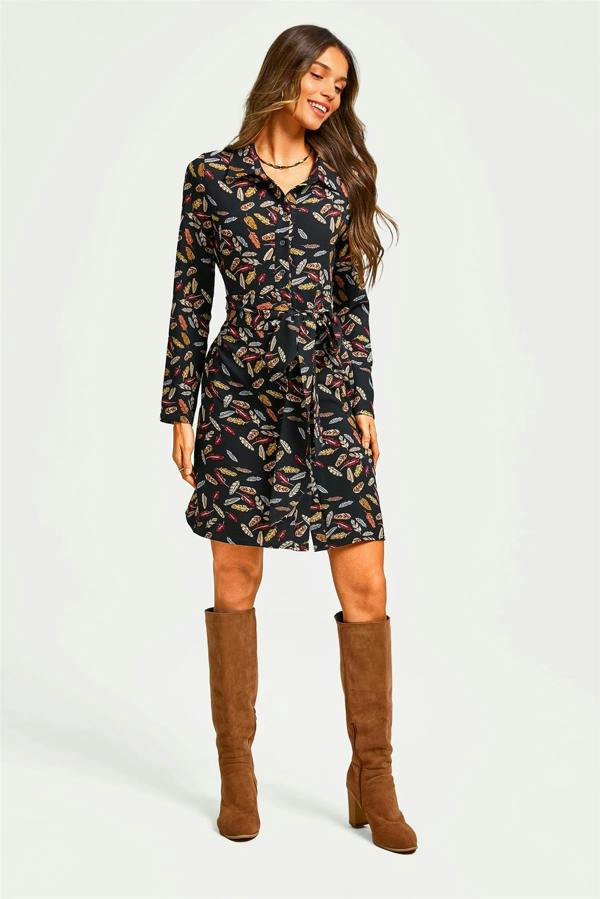 FS Collection Leaf Print Tie Front Mini Shirt Dress In Black