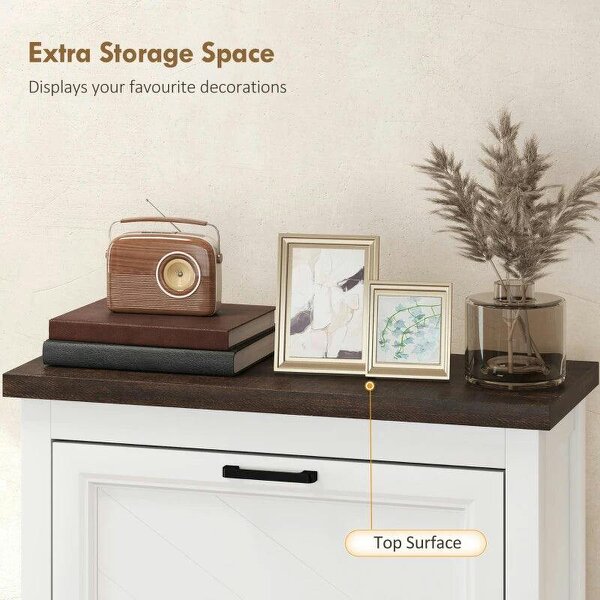 Shoe Cabinet with 2 Flip Drawers, Farmhouse Narrow Shoe Storage Cabinet with Adjustable Shelves, White