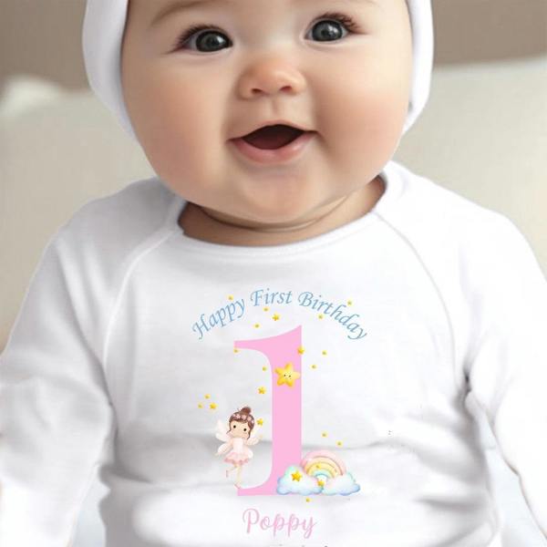 Personalised 1st Birthday Fairy Baby Grow, Vest or Bib with Name