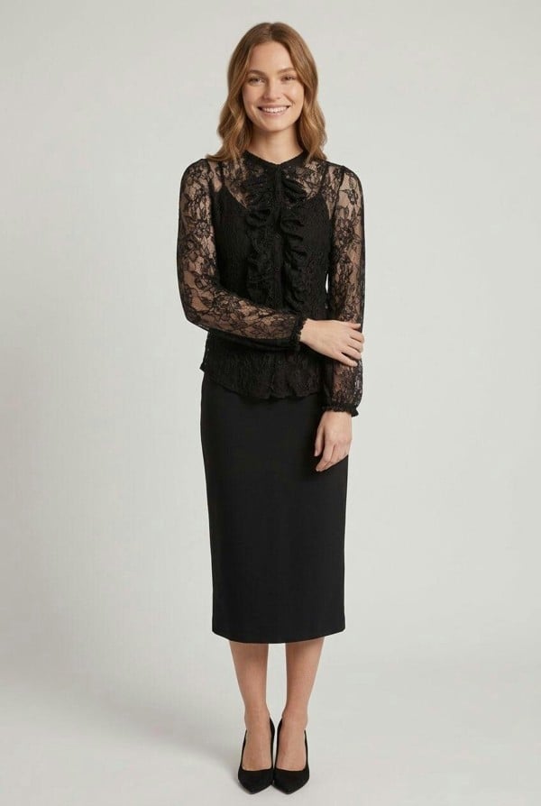 Izabel London Semi Sheer Lace Ruffle Front Blouse