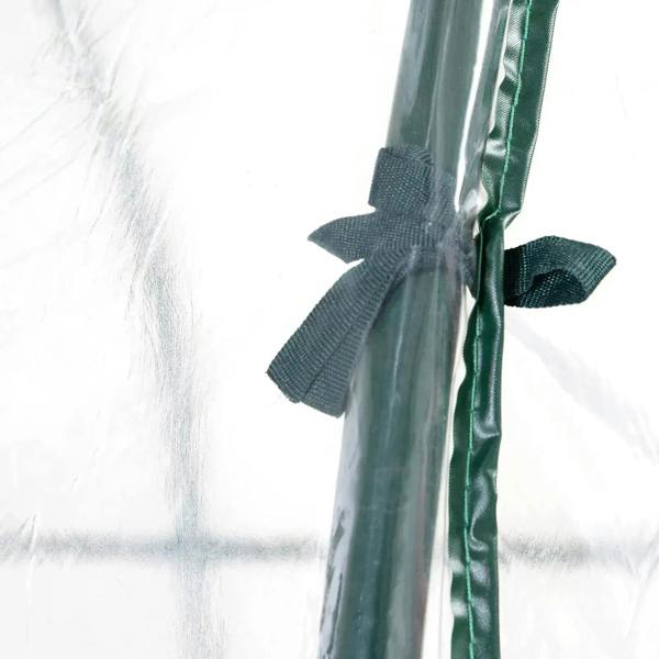 Clear PVC greenhouse zipper flap with attached tie strap and reinforced seam