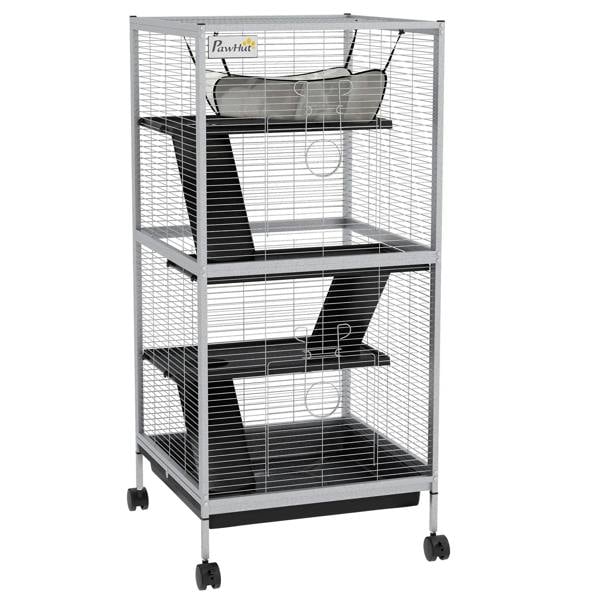 Light grey small animal wire cage with ramps, platforms, and hanging hammock, on wheels