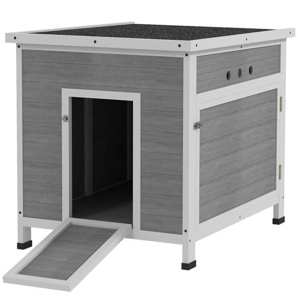 Light grey wooden duck house with ramp and ventilation holes, open front doorway