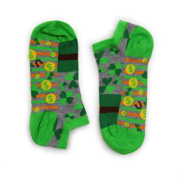 Low-cut socks in green and gray with shamrock, dollar sign, and striped pattern