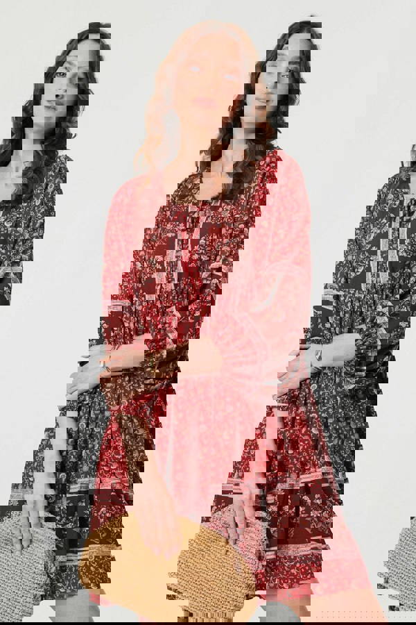 Burgundy | Ditsy Floral 3/4 Sleeve Short Dress
