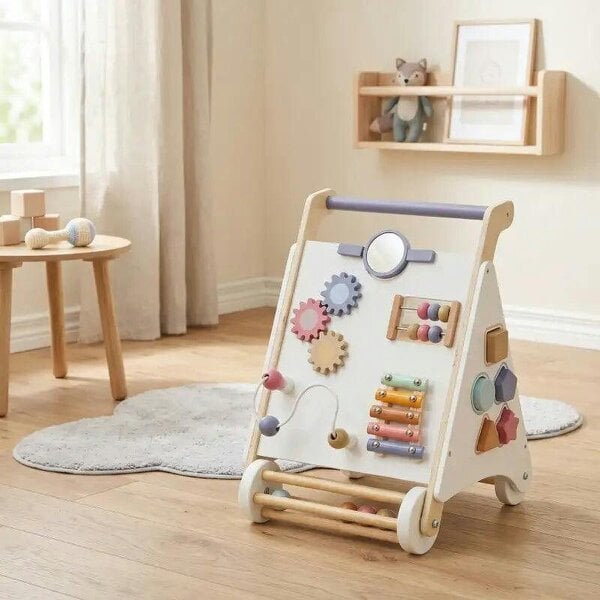 Bobobiy Wooden Baby Walker, Montessori Push Along Toy with 5 Blocks and Xylophone Mallet, Adjustable Speed for Toddlers 1.5-3Y