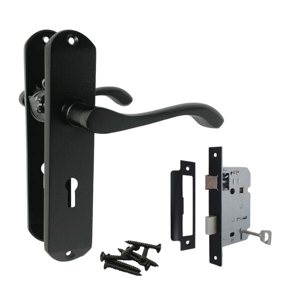 EDH Door Hardware EDH Cadenza Matt Black Victorian Scroll Door Handles – Lever Lock Backplate 178mm x 38mm