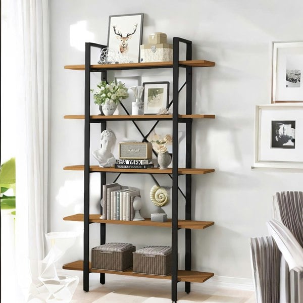 Rafaelo Mobilia Industrial 5 Tier Rustic Brown Bookcase