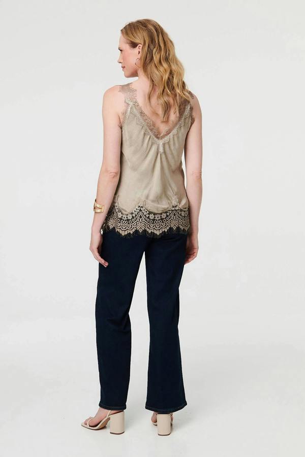 Taupe | Lace Trim Sleeveless Cami Vest Top