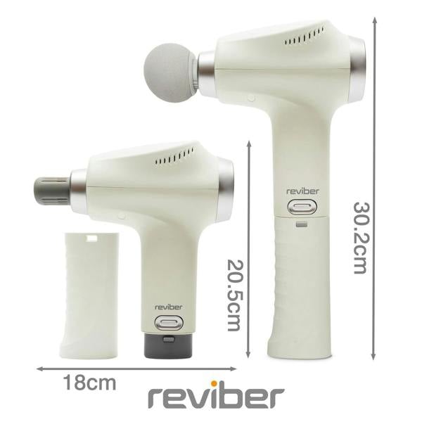 Two Reviber Deep Tissue Percussion Massage Guns with long-reach handles are shown upright and side by side (heights: 20.5 cm and 30.2 cm, width: 18 cm). Below, an extra attachment and adjustable speed settings from Reviber are displayed.