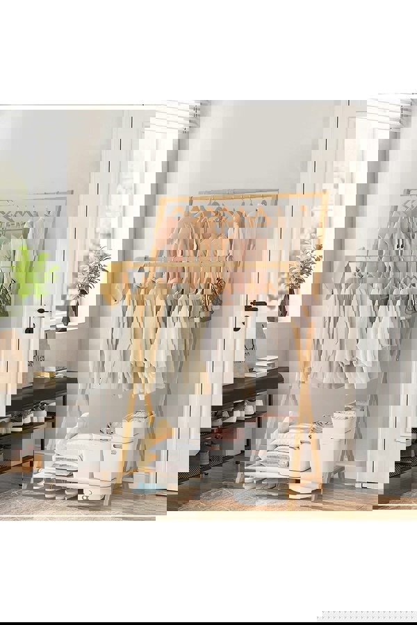 Living and Home 2-Rod Bedroom Floor Stand Solid Wooden Cloak Coat Rack Garment Shelf Holder