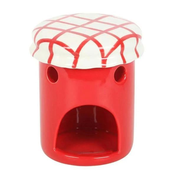 Red wax warmer oil burner base with plaid lid and two side vents