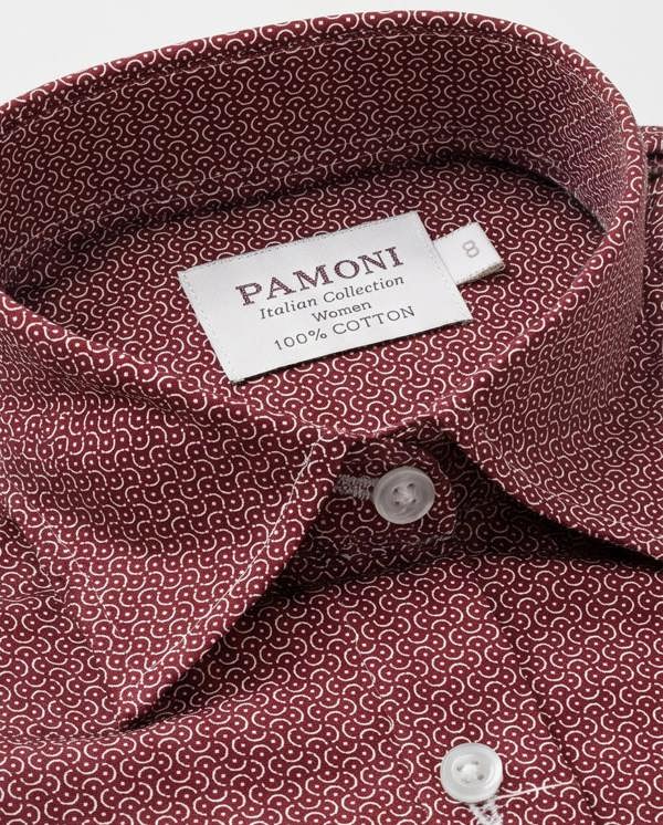 Pamoni Burgundy Geometric Print Fitted Cotton Shirt