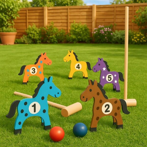 Dyzi All Wood Pony Croquet Set Classic Outdoor Garden Game