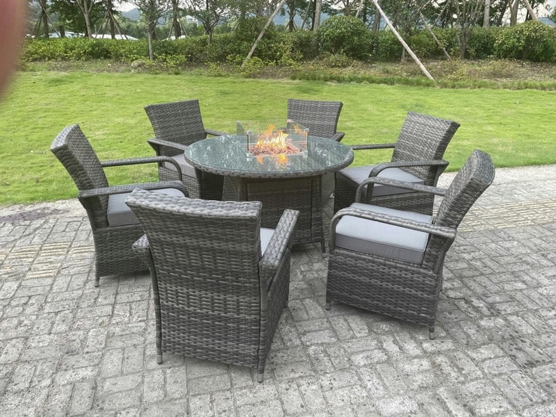 Fimous Rattan Garden Furniture Gas Fire Pit Rectangle Round Dining Table And Dining Chairs 6 Seater + Round Table