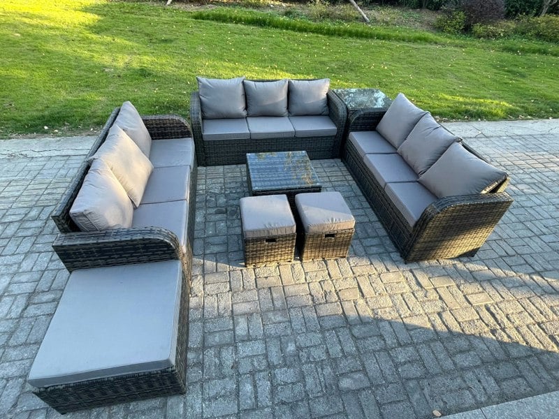 Fimous 12 Seater Rattan Outdoor Furniture Set Patio Garden Sofa Set with Square Coffee Table 3 Seater Sofa 3 Footstools Side Table Dark Grey Mixed