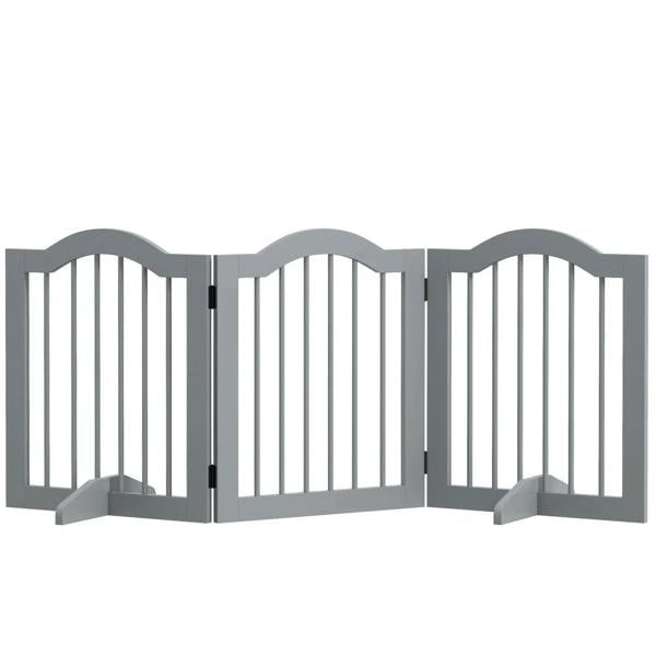 Light grey 3-panel freestanding dog safety gate with arched pickets and support feet