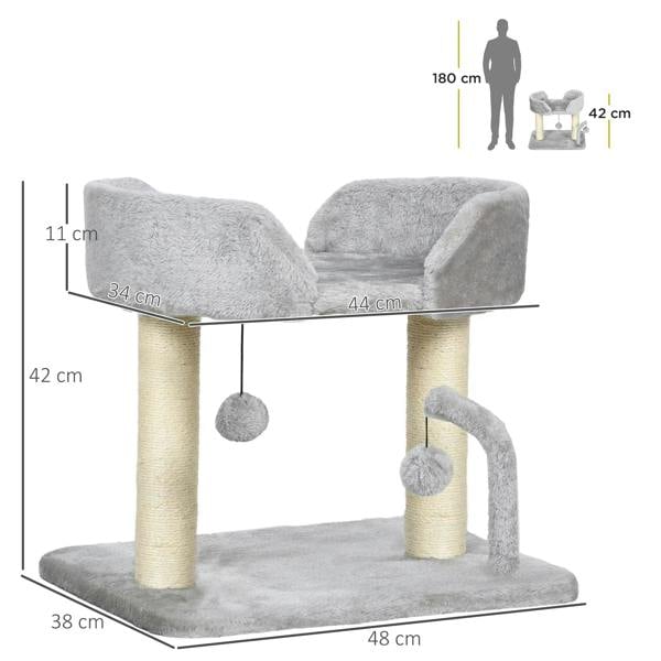 Light grey indoor cat tree with raised bed, sisal scratching arch, and dangling toy ball