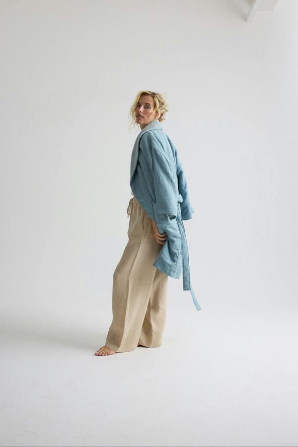 Pretty You London Short Terry Lined Linen Robe In Blue Haze