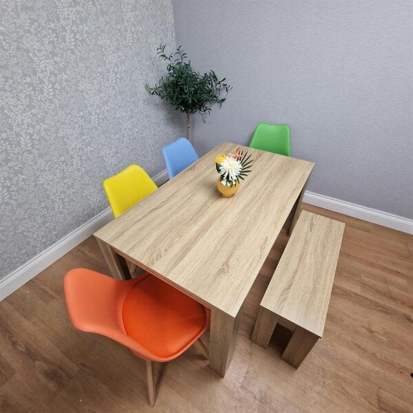 Kosy Koala Oak Effect Dining Table Set With 4 Mix Plastic Chairs And Bench Dining Room Furniture