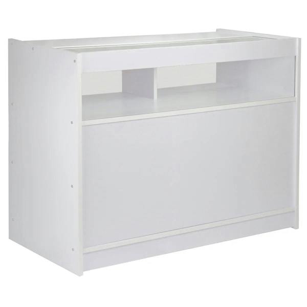 Fusion Brilliant White shop counter with sleek design, smooth white finish, and open display area for retail products