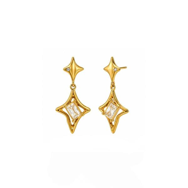 A pair of gold dangle earrings with a starburst design, featuring clear rectangular-cut stones in the center of each earring, shown on a plain white background.