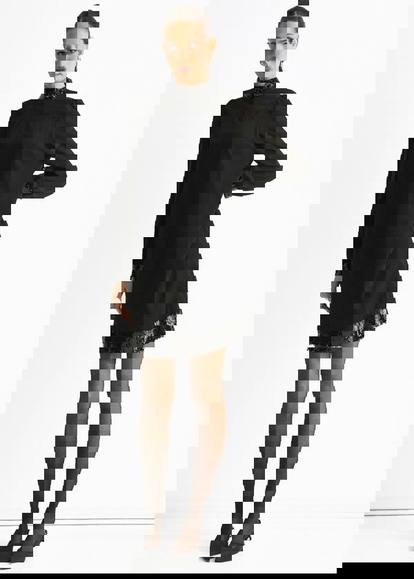 Gini London Black Sequin Trim High Neck Belted Mini Dress