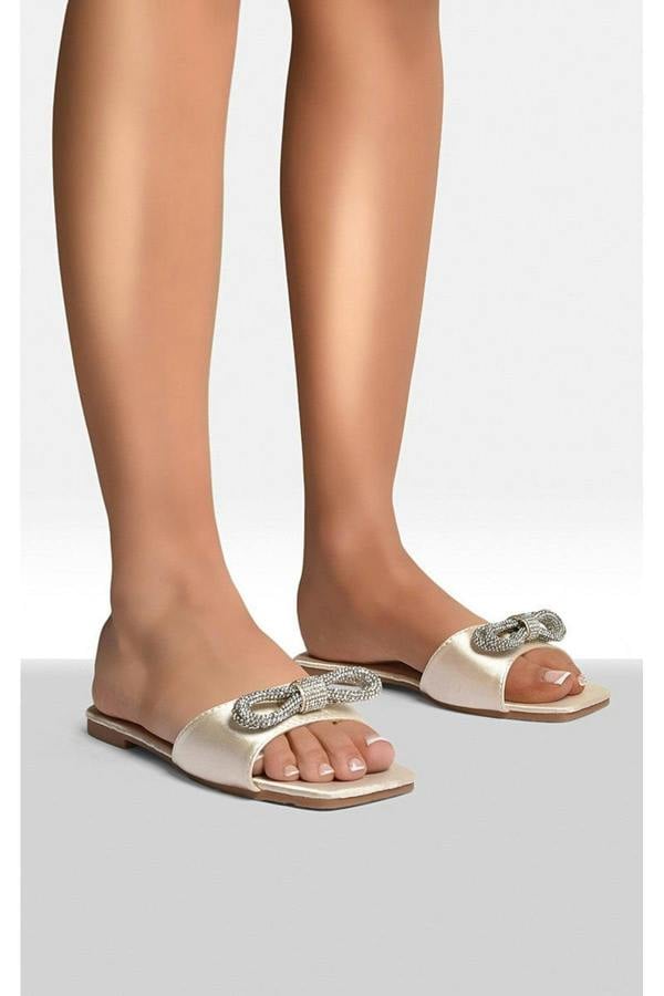 Lexie Embellished Bow Trim Open Toe Sandals - Champagne