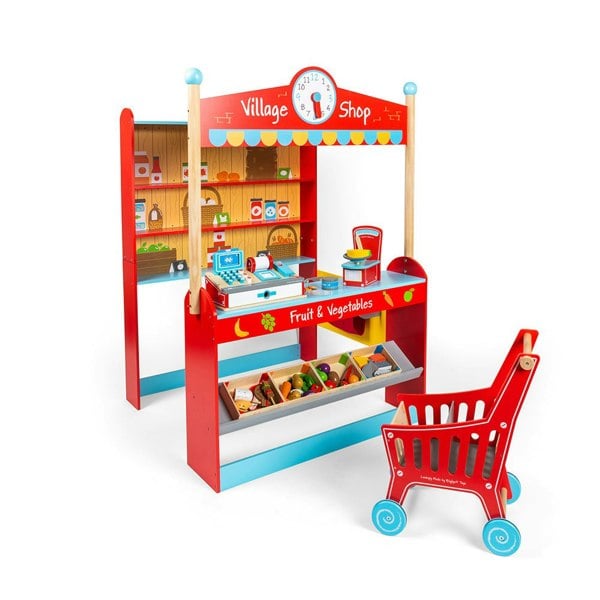 Bigjigs Toys Wooden Village Shop Bundle, With Trolley, Till, Scales And More