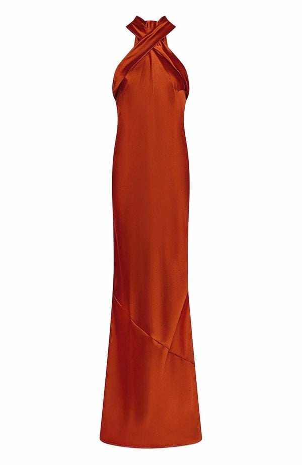 Rewritten London Roma Dress in Burnt Orange Satin