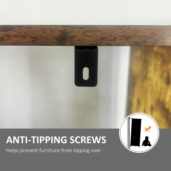 Close-up of anti-tipping mounting bracket on a black metal bookcase frame and base.