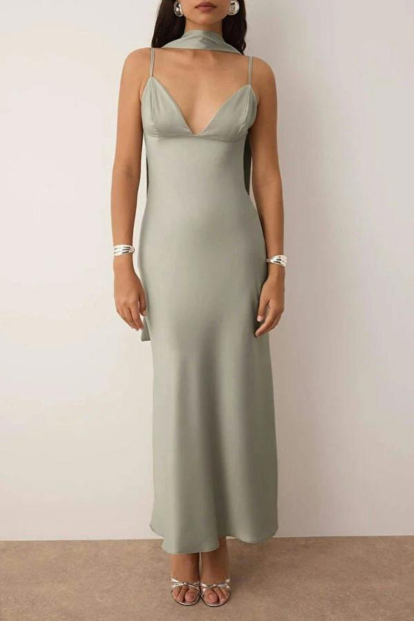 WOVCOR Scarf Detail Satin Maxi Dress with Strappy Design