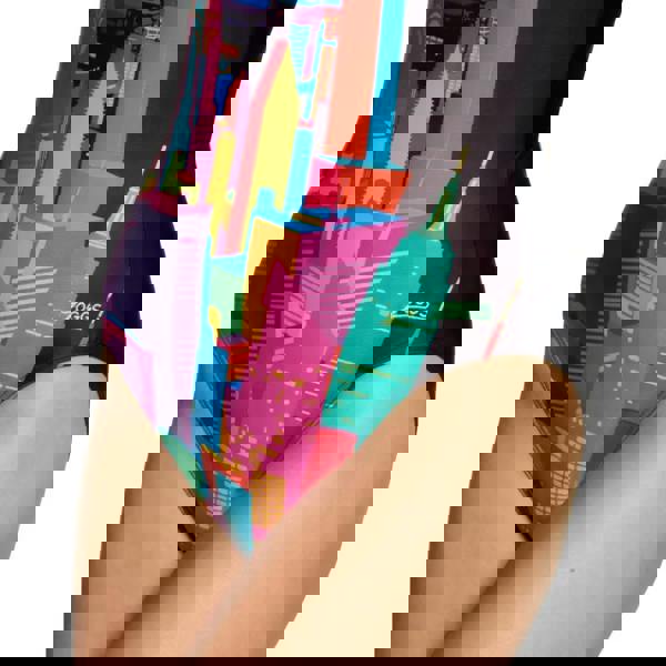 Zoggs Skyscraper Sprintback swimsuit in black multi with colorful cityscape