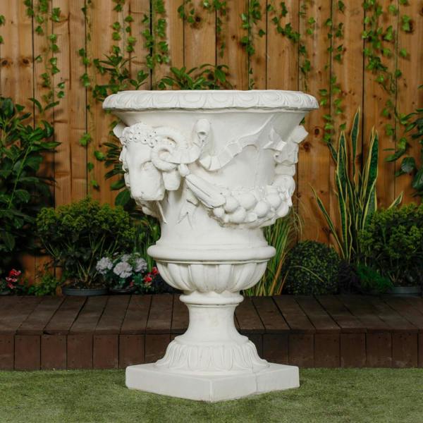 Large White Stone Cast Swag Urn Vase 