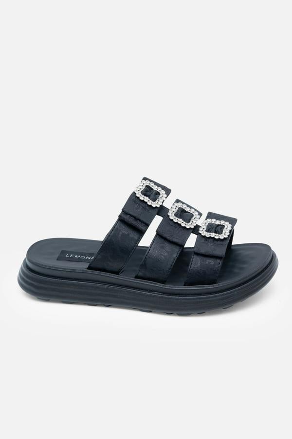 Crystal Buckle Triple Bow Sliders Black, with emphasis on platform sole
