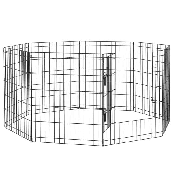 8-panel black wire dog pen with hinged door, rectangular enclosure for indoor or outdoor use