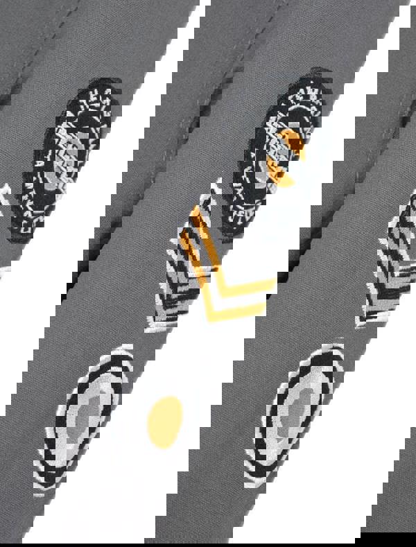 Lambretta Mens/Womens Carnaby Scooter Hooded Classic Mod Ska Badge Parka, close-up of the grey parka showcasing embroidered patches including a circle badge, letter V logo, and a target design.