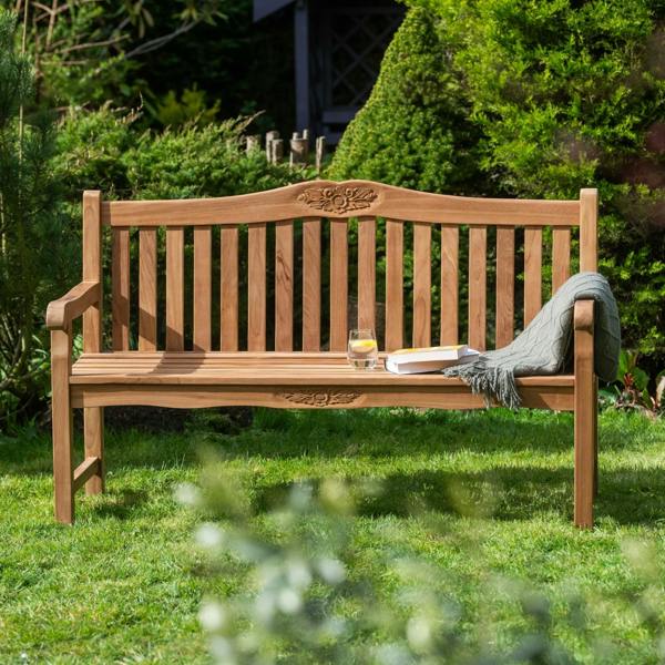 The Garden Marketplace Solid Teak 3 Seater Garden Bench with Flower & Leaf Carvings